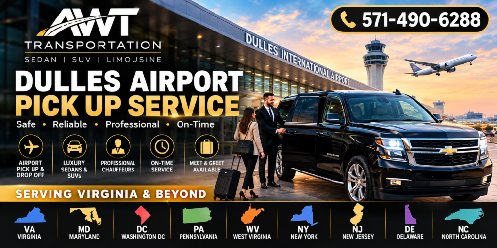 AWT Transportation Dulles Airport pickup service with black Chevrolet Suburban and chauffeur serving VA, MD, DC, PA, WV, NY, NJ, DE, and NC