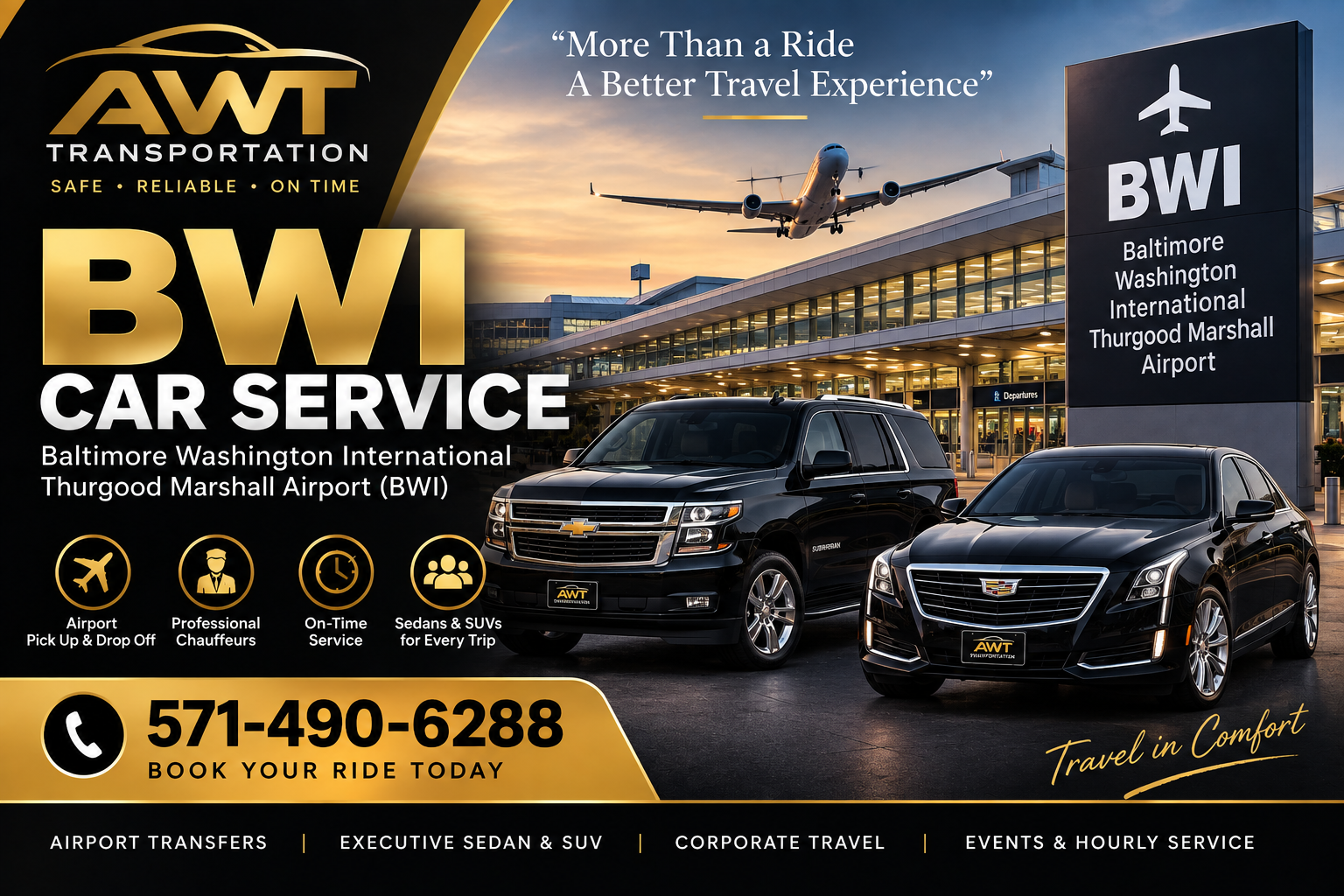AWT Transportation BWI Car Service with black Suburban SUV and Cadillac sedan at BWI Airport