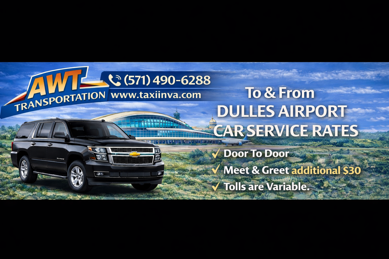 Black Sedans & SUVs Airport Car service To & from Dulles (IAD) Airport by AWT Transportation